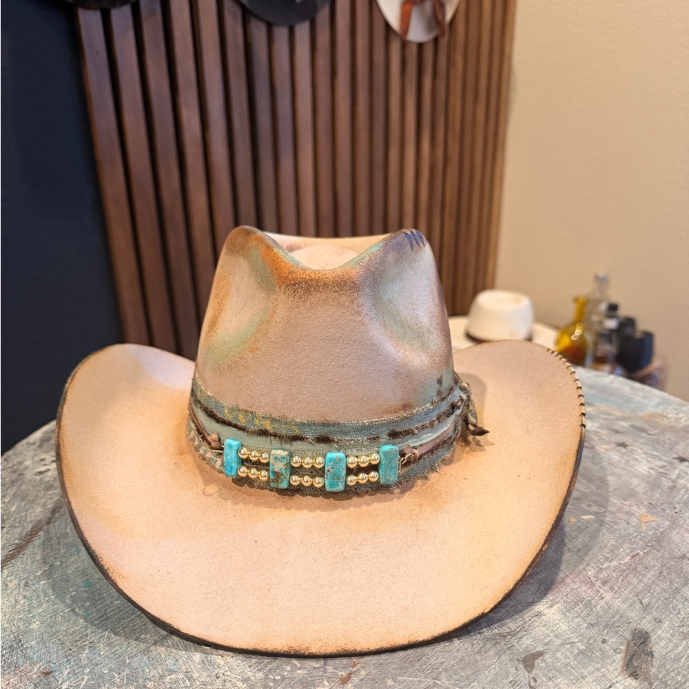 Australian Wool Felt Distressed Western Hat with Turquoise Beaded Band